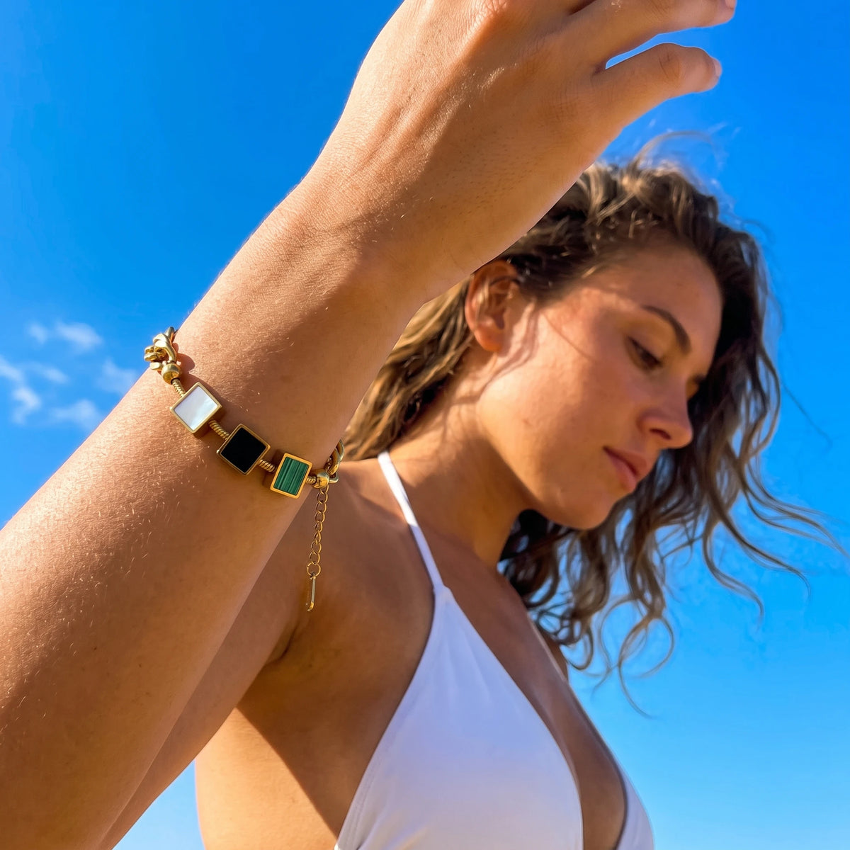 QIAOREN 13766 Thick Cuban Curb Link Bracelet with Three Natural Stone Lobster Clasp Gold Wrist Jewelry