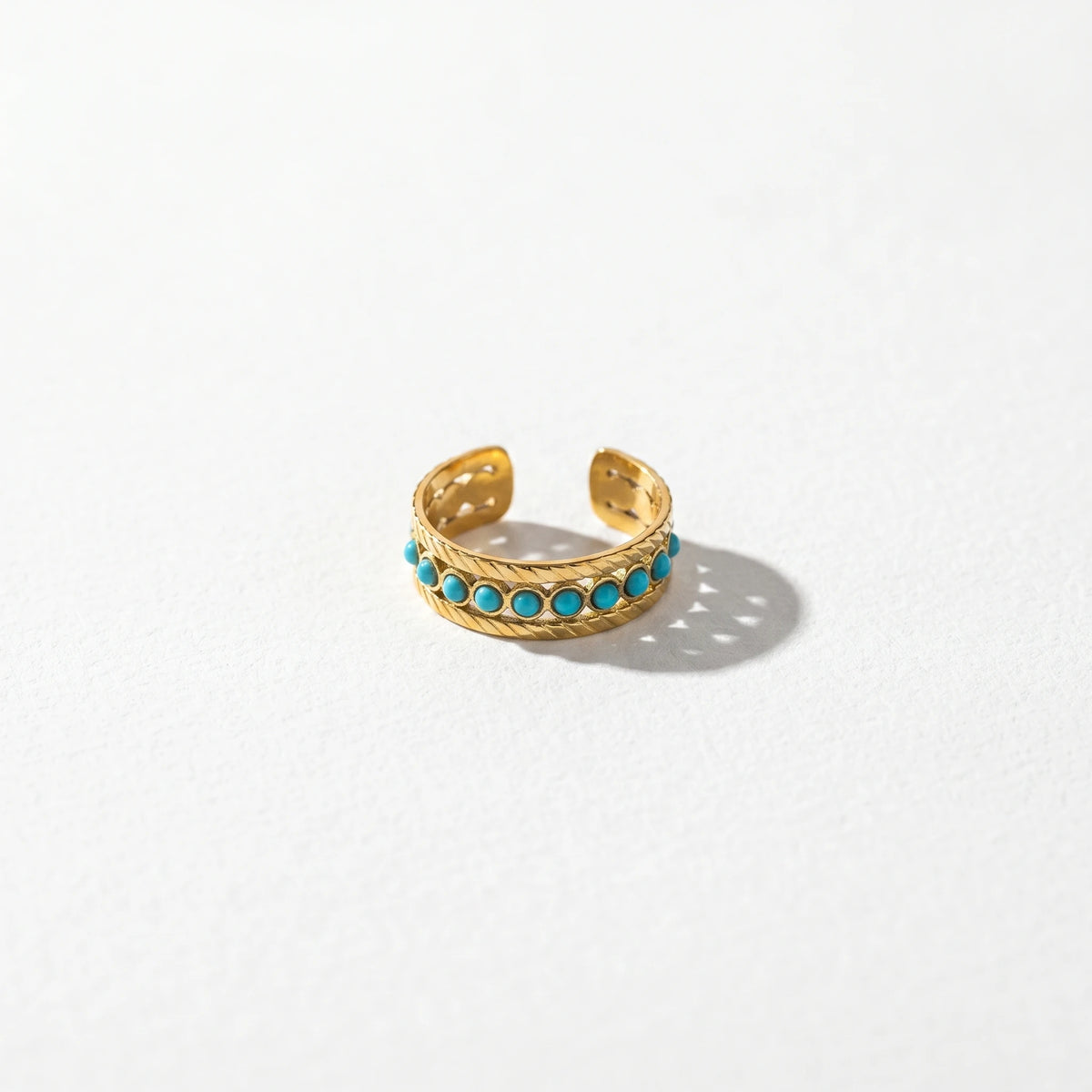 QIAOREN 5Pcs Gold Stainless Steel Turquoise Open Ring Set Irregular Hammered Crown Adjustable Boho Stackable Rings