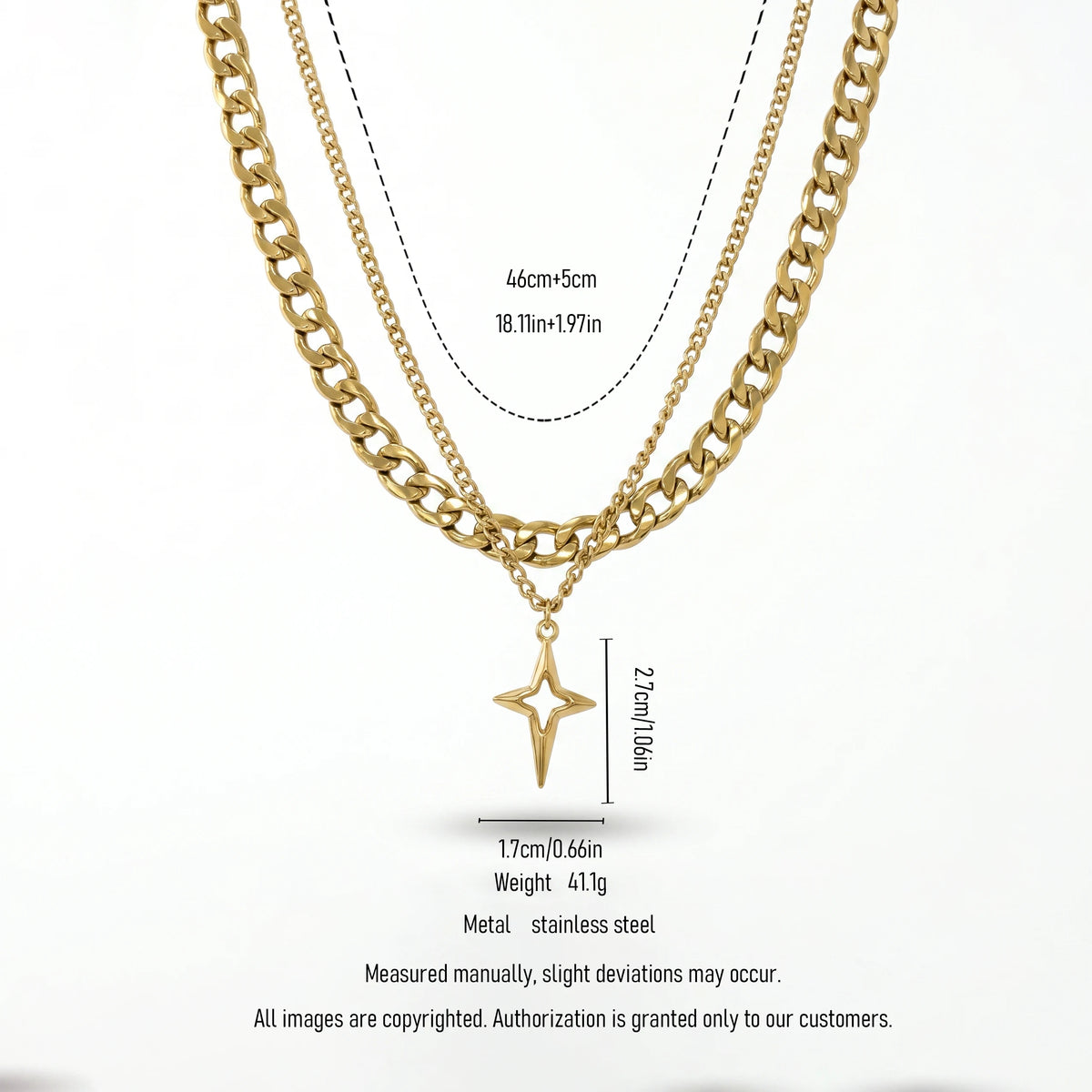 QIAOREN 11314 Edgy Layered Chunky Chain Hollow Star Pendant Necklace 18K Gold Plated Stainless Steel Waterproof Jewelry