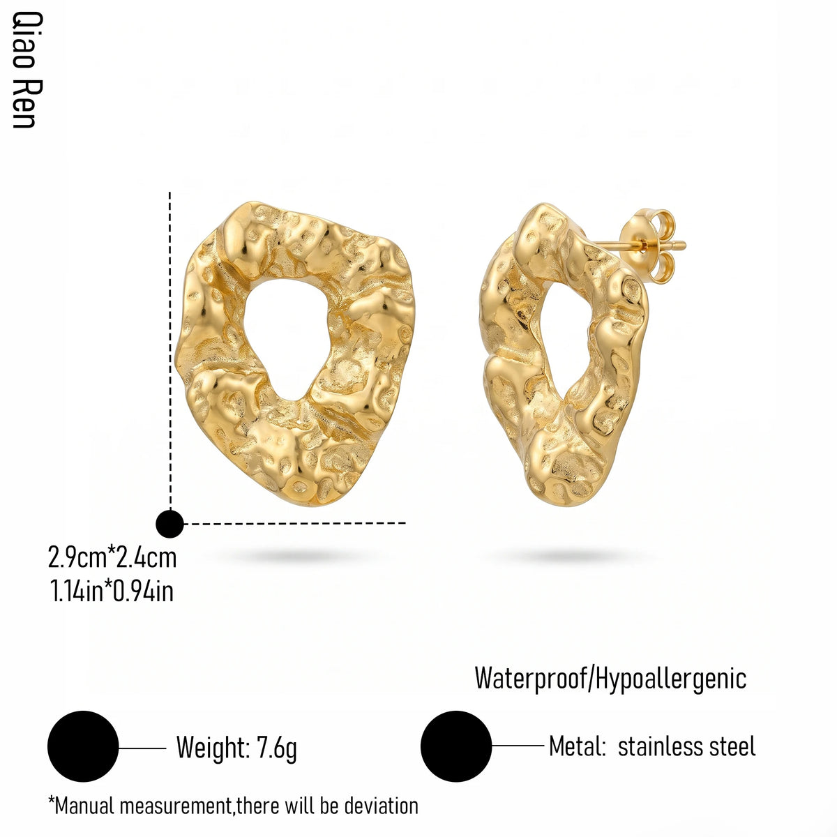 QIAOREN 14065 Hammered Irregular Hollow Oval Stud Earrings, Crinkled Organic Textured Open Ring Ear Stud Jewelry Gift