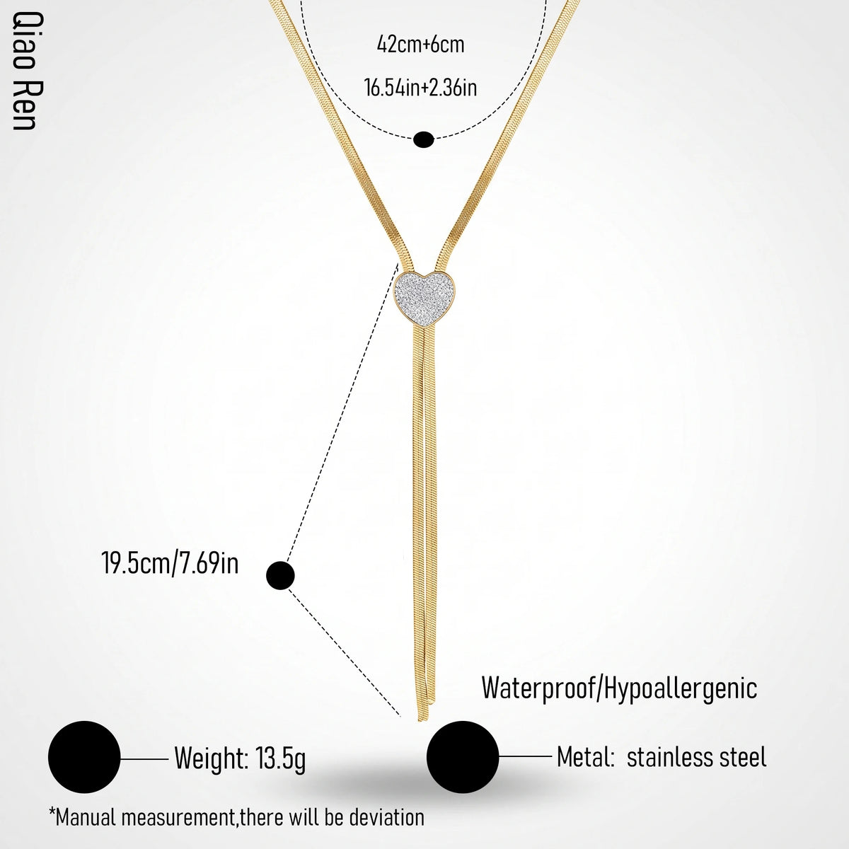 QIAOREN 14421 Paved CZ Heart Shape Herringbone Tassel Necklace, Stainless Steel Lariat Necklace Jewelry Gift