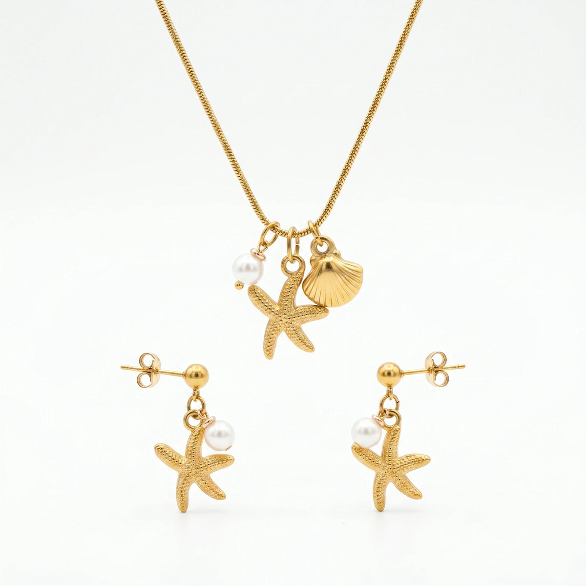 QIAOREN 10804 Waterproof Tarnish Resistant 18K Gold Plated Stainless Steel Starfish Pearl Trendy Necklace Bracelet Set Jewelry