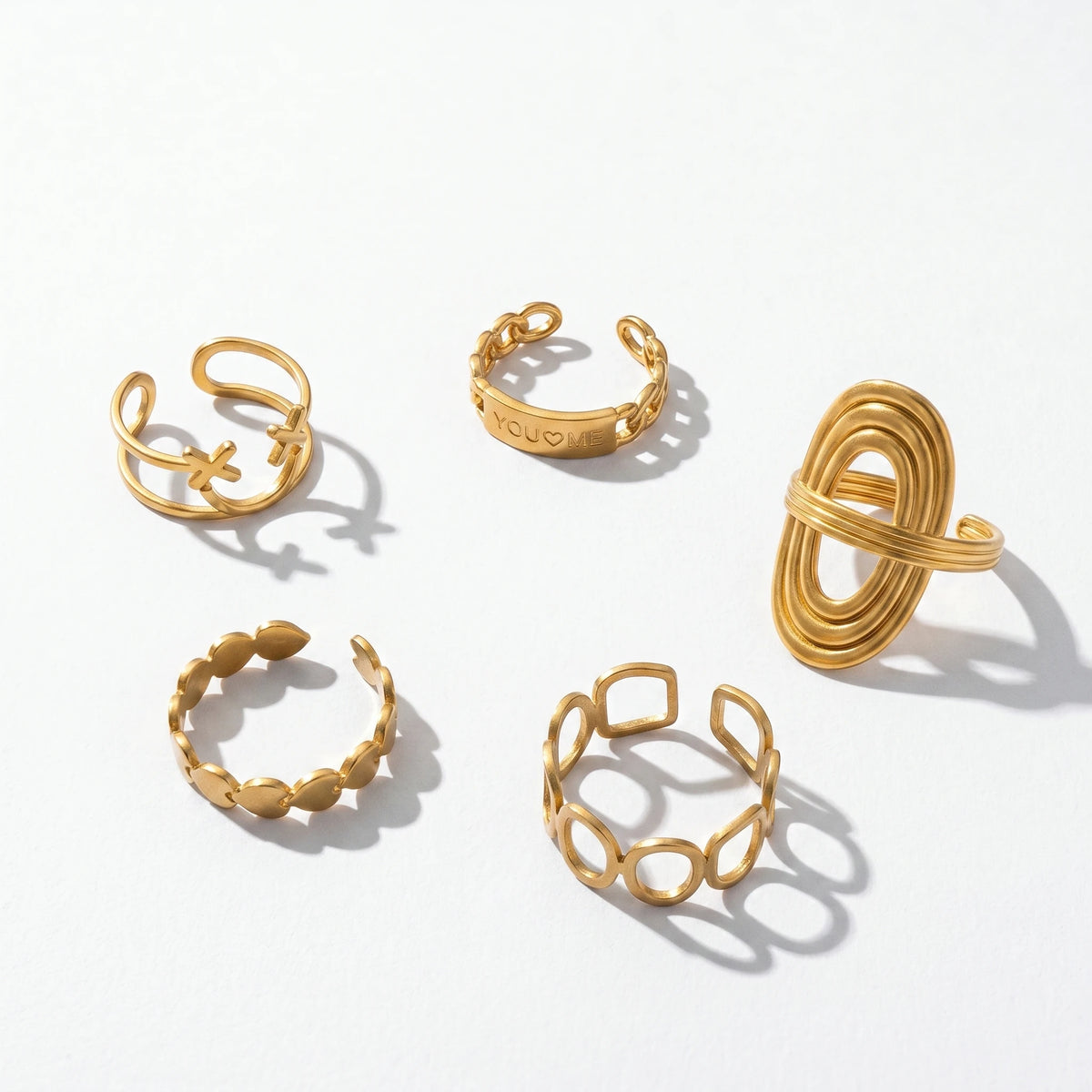 QIAOREN 10707 You & Me Engraved Gold Ring Set - 5Pcs Hypoallergenic Stainless Steel Open Rings