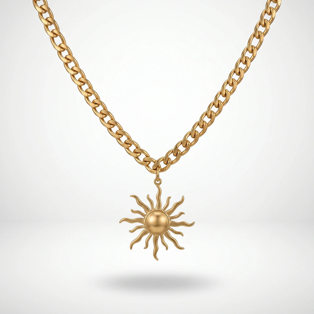 QIAOREN 10857 Waterproof Stainless Steel Trendy Sun Charm Necklace Gold Plated Link Chain Party Statement Jewelry