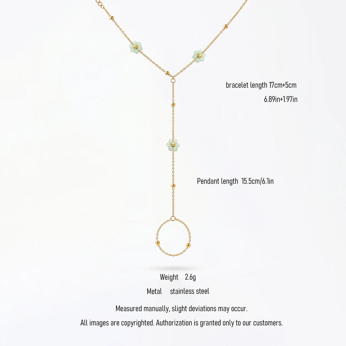 QIAOREN 10762 Waterproof Stainless Steel Daisy Slave Bracelet Gold Plated Hand Chain Ring for Women Vacation Wear