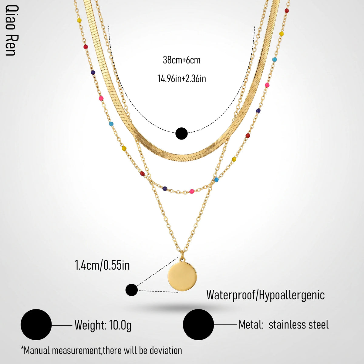 QIAOREN 14415 Layered Herringbone Colorful Bead Disc Pendant Necklace, Stainless Steel Multi Layer Chain Necklace Jewelry Gift