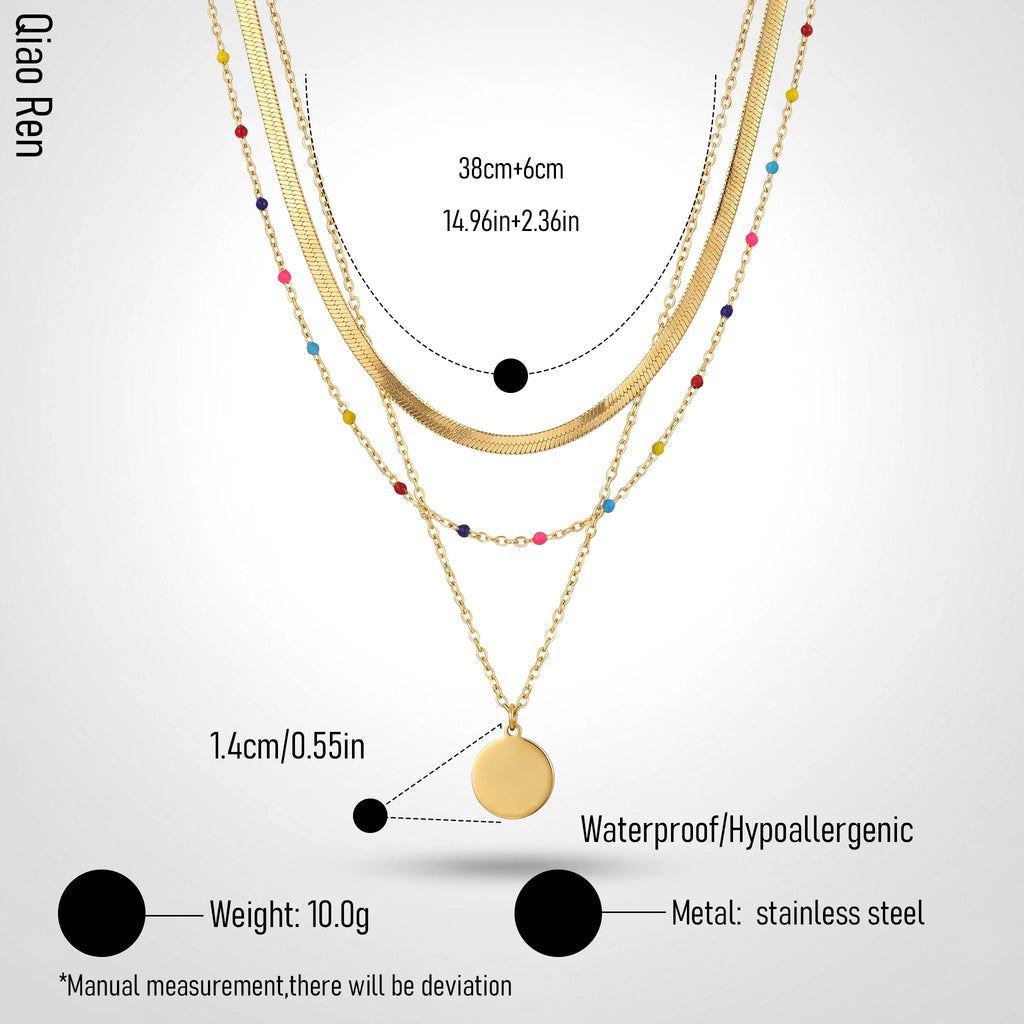 QIAOREN 14414 Layered Herringbone Colorful Bead Heart Pendant Necklace, Stainless Steel Multi Layer Chain Necklace Jewelry Gift