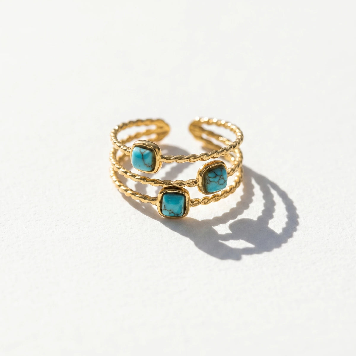 QIAOREN 13146-50 5Pcs Gold Turquoise Open Cuff Ring Set, Boho Hollow Inlaid Turquoise Stainless Steel Stackable Jewelry