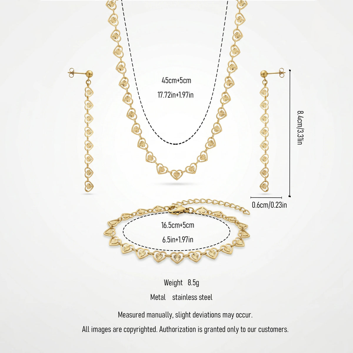 QIAOREN 11581 18K Gold Plated Stainless Steel Heart Jewelry Set Women Hollow Necklace Bracelet Dangle Earrings 3PCS