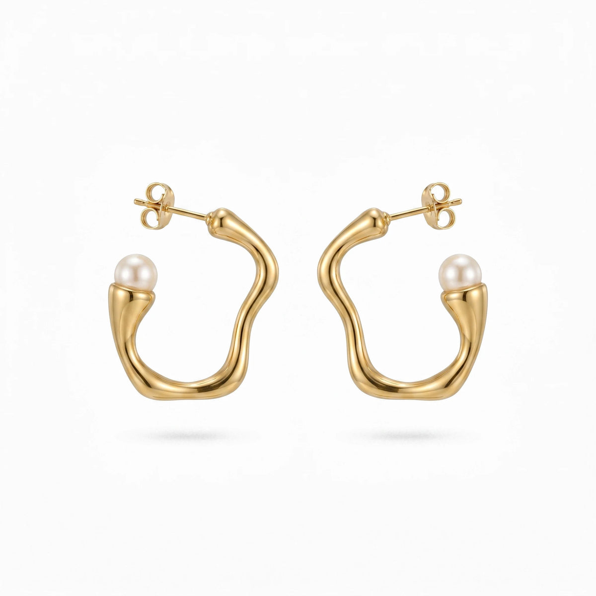 QIAOREN 12331 Elegant Quiet Luxury Irregular Molten Pearl Hoop Earrings Gold Stainless Steel Fluid C-Shaped Statement Studs Gift