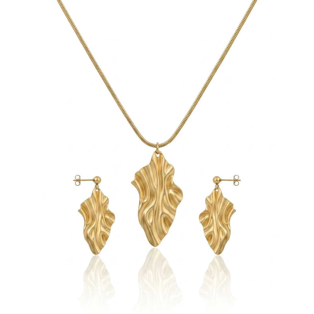 18K Gold Plated Irregular Textured Leaf Necklace Set, Waterproof Tarnish Free Stainless Steel Abstract Jewelry