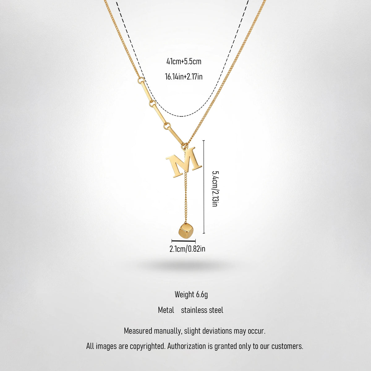 QIAOREN 13465 Personalized Letter M Y Drop Necklace with Square Cube Charm, Dainty Mixed Link Chain Initial Necklace