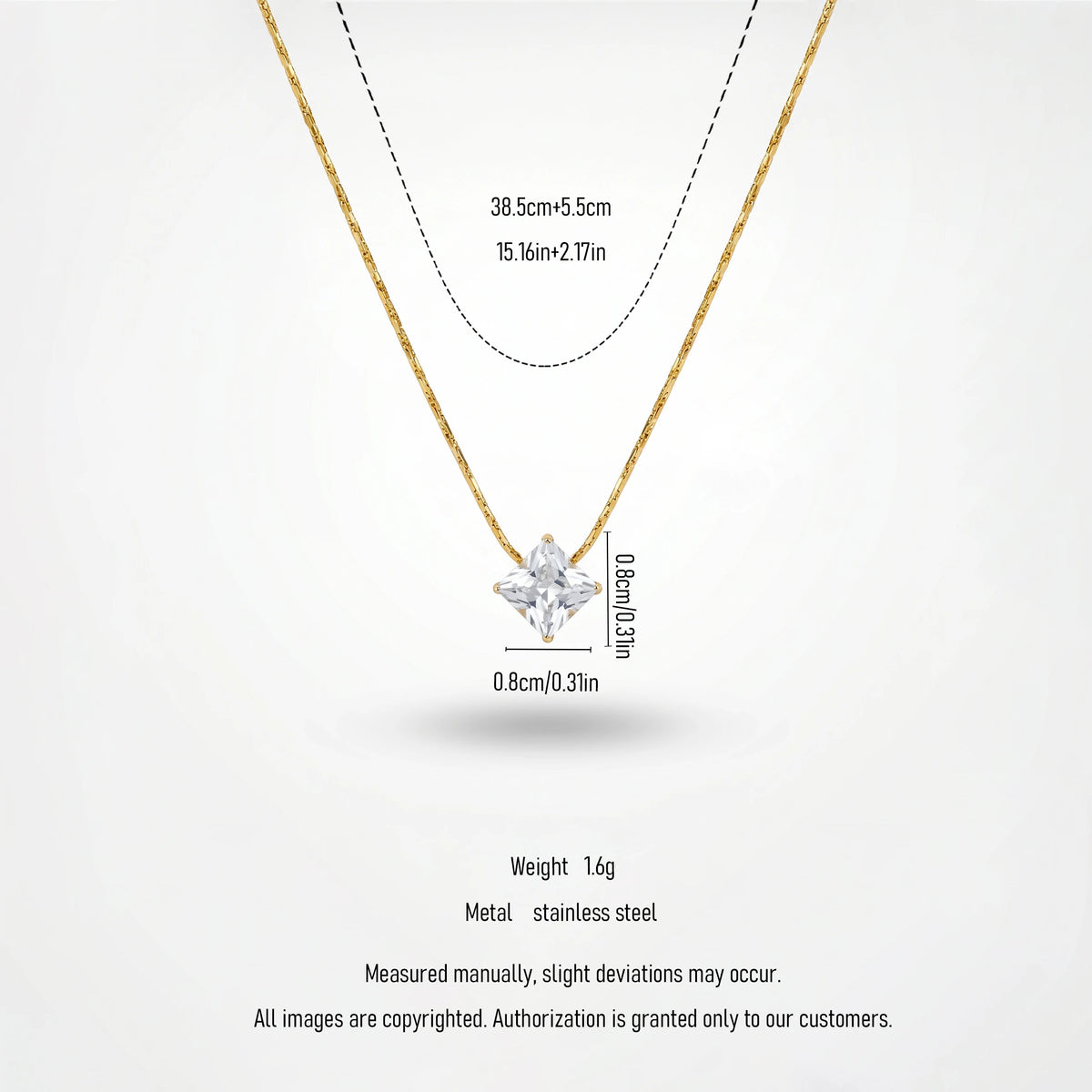 QIAOREN 13170 Stainless Steel Princess Cut CZ Pendant Necklace Gold Plated Elegant Solitaire Jewelry for Women