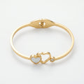 QIAOREN 13658 Spring Thin Cuff Bangle with Interlocking Double Heart Charms, Inlaid White Mother of Stone & Tiny Side Zircon