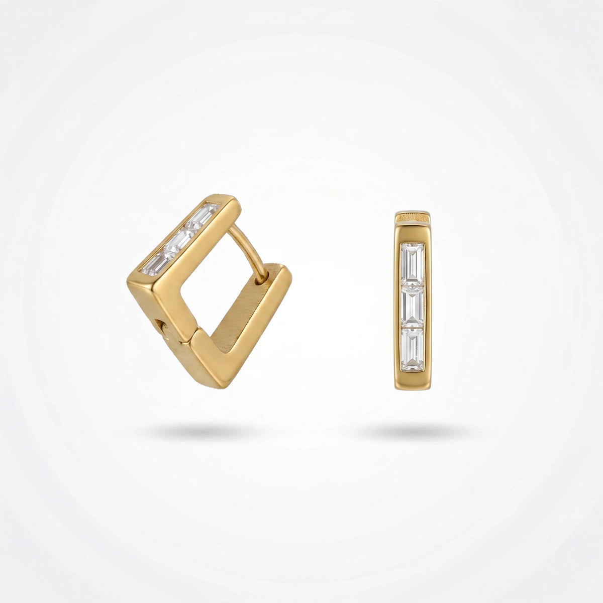 QIAOREN 12342 Waterproof Tarnish Free Square Hoop Earrings Gold Stainless Steel Matte Baguette Zirconia Hinged Huggies Women