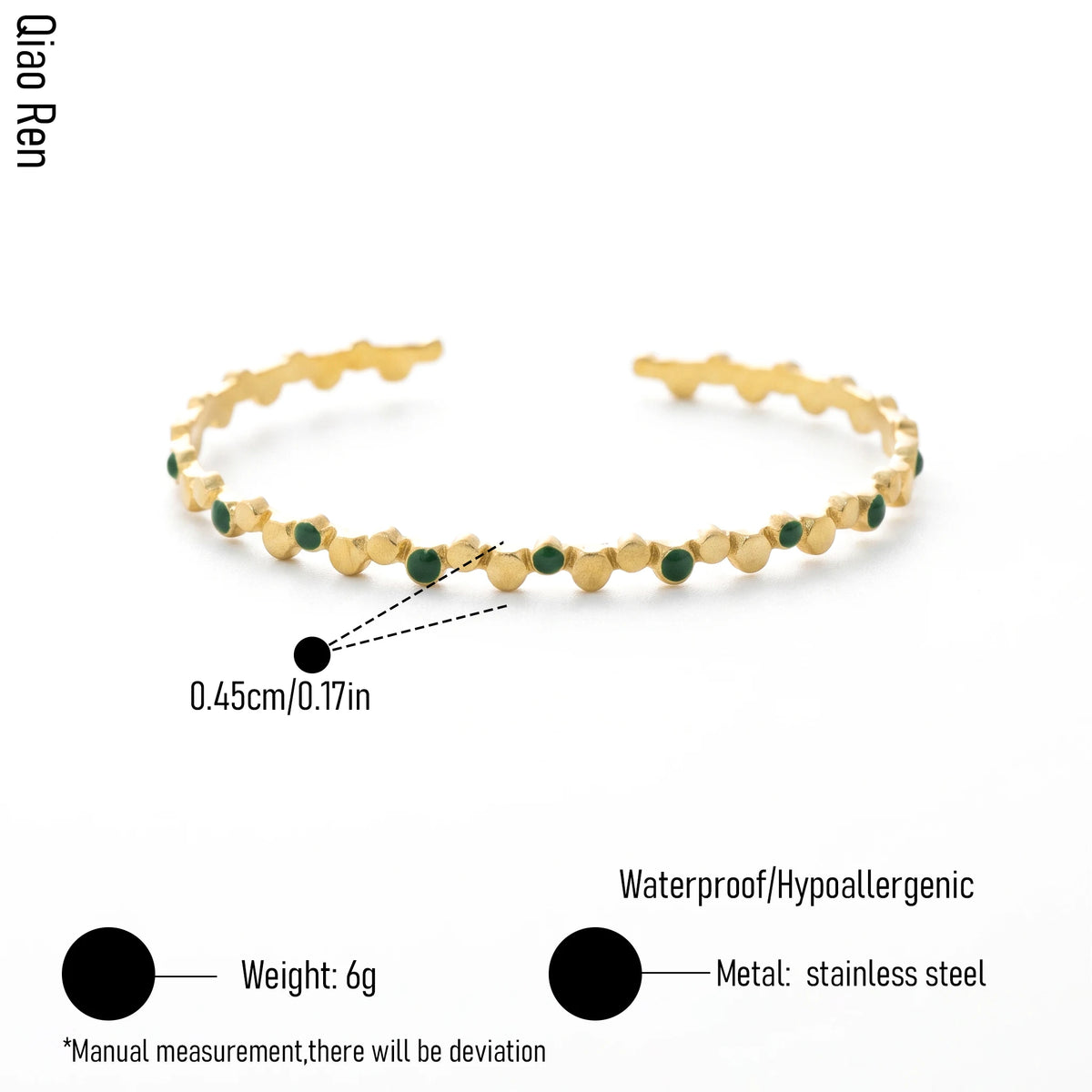 QIAOREN 14121-22 Stainless Steel Beaded Open Cuff Bracelet Gold Waterproof Minimalist Jewelry OEM ODM