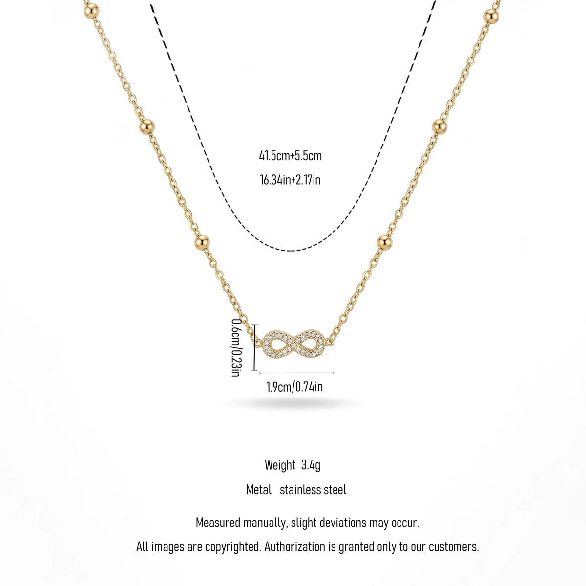 QIAOREN 13987 Beaded Cable Chain Infinity Symbol Pendant Necklace with Paved Clear CZ Inlay, Polished Gold Eternal Love Collar