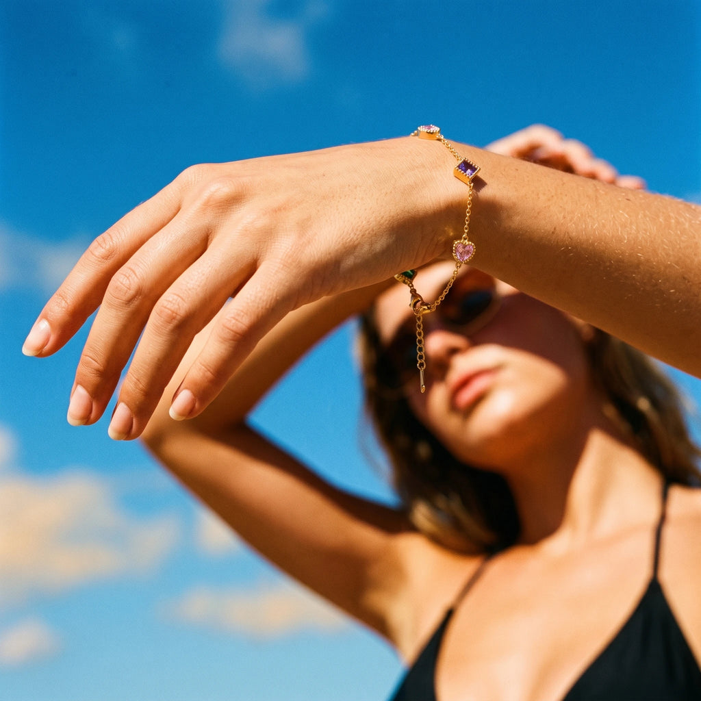 QIAOREN 13415 Stainless Steel CZ Crystal Bracelet Colorful Gemstone Charm Jewelry Dainty Chain Bracelet for Women