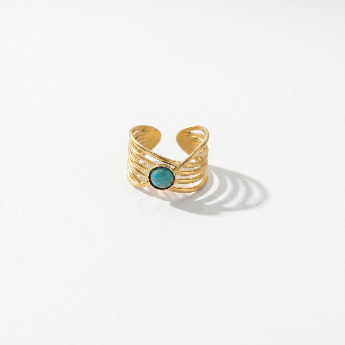 QIAOREN 5Pcs Gold Stainless Steel Turquoise Open Ring Set Irregular Hammered Crown Adjustable Boho Stackable Rings