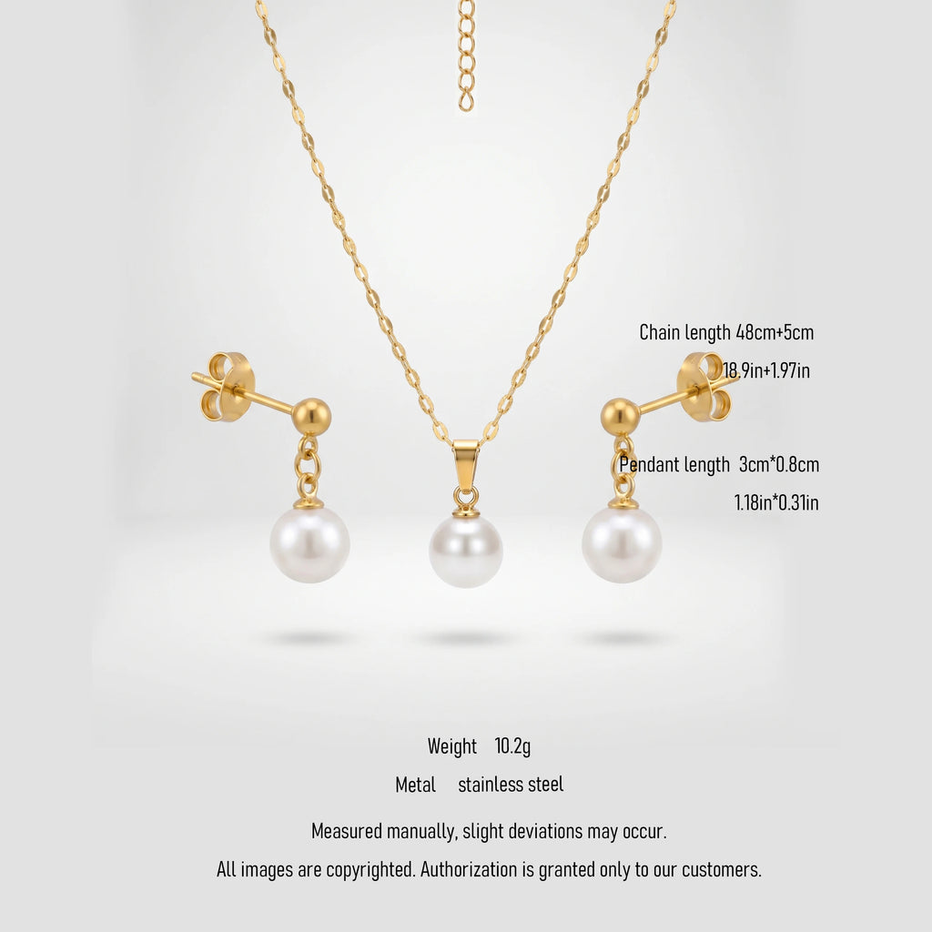 QIAOREN 11077 Contemporary Pearl Jewelry Set Stainless Steel Gold Pendant Necklace Elegant Gift for Women