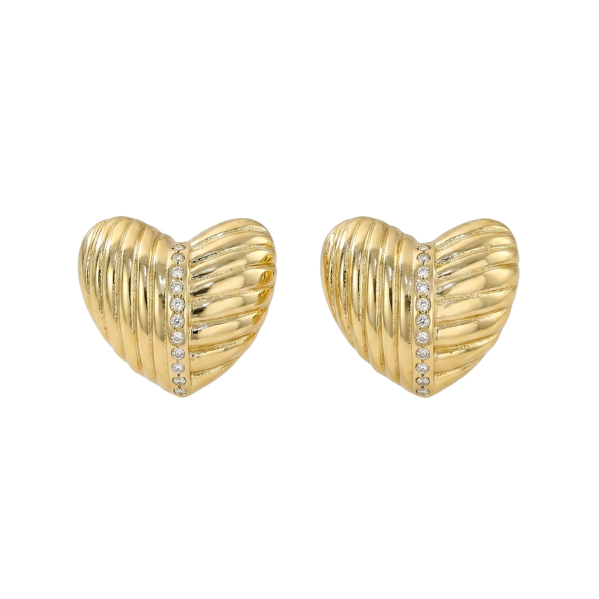 QIAOREN 12206 18K Gold Plated Striped Heart Stud Earrings Inlaid Zircon Stainless Steel Textured Love Ear Jewelry for Women