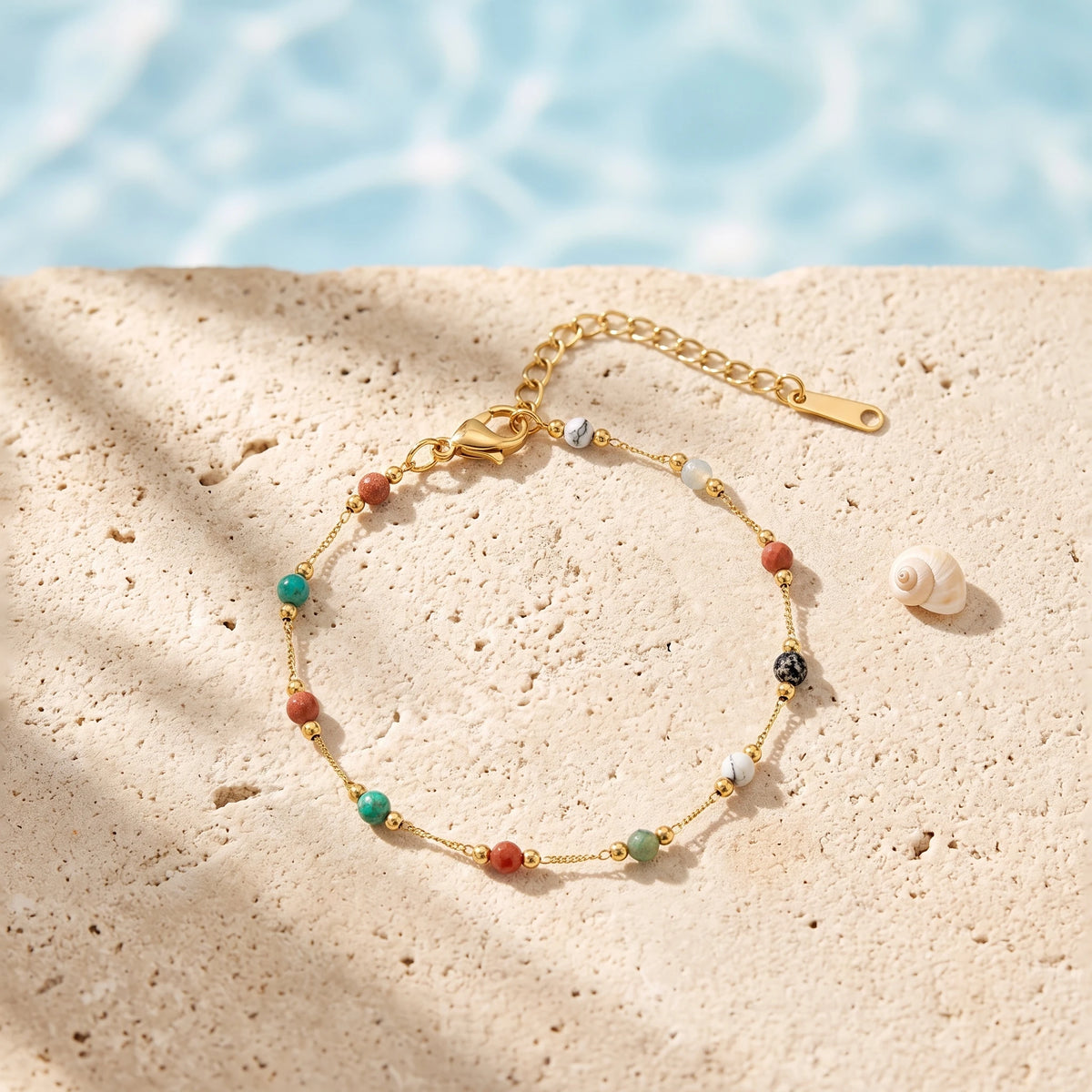 QIAOREN 13356 Gold Plated Stainless Steel Natural Stone Beaded Bracelet Dainty Gemstone Layering Jewelry for Women