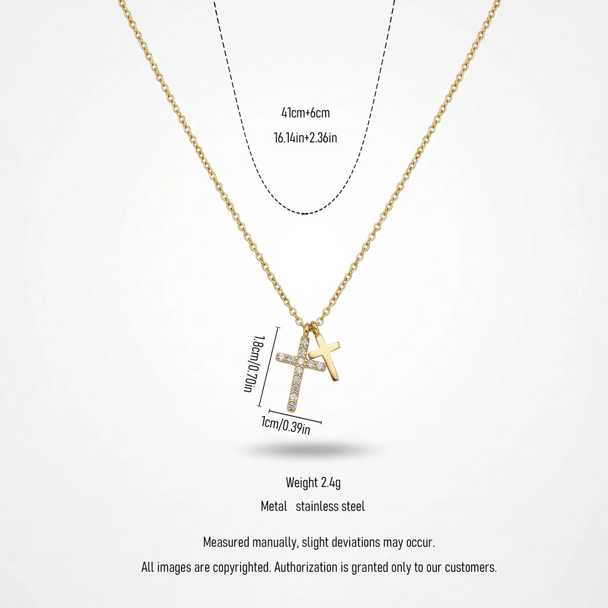 QIAOREN 13753 Thin Oval Link Chain Double Cross Pendant Necklace, One Paved Clear Zircon Cross & One Solid Plain Cross Charms