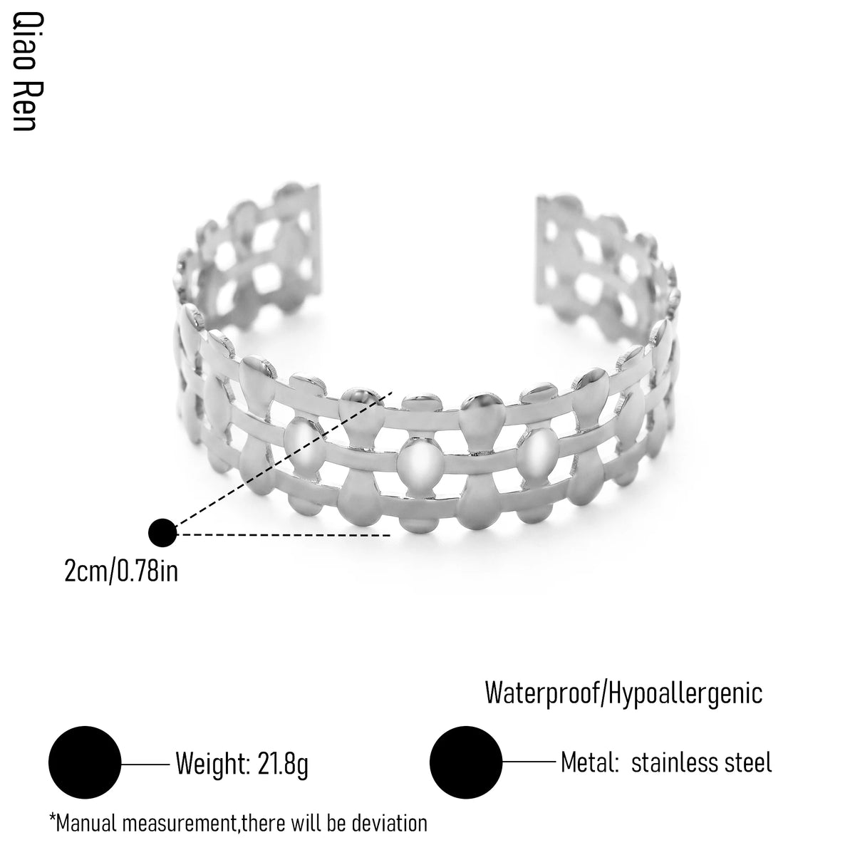 QIAOREN 14118 Stainless Steel Geometric Open Cuff Bracelet Gold Wide Waterproof Statement Jewelry OEM ODM