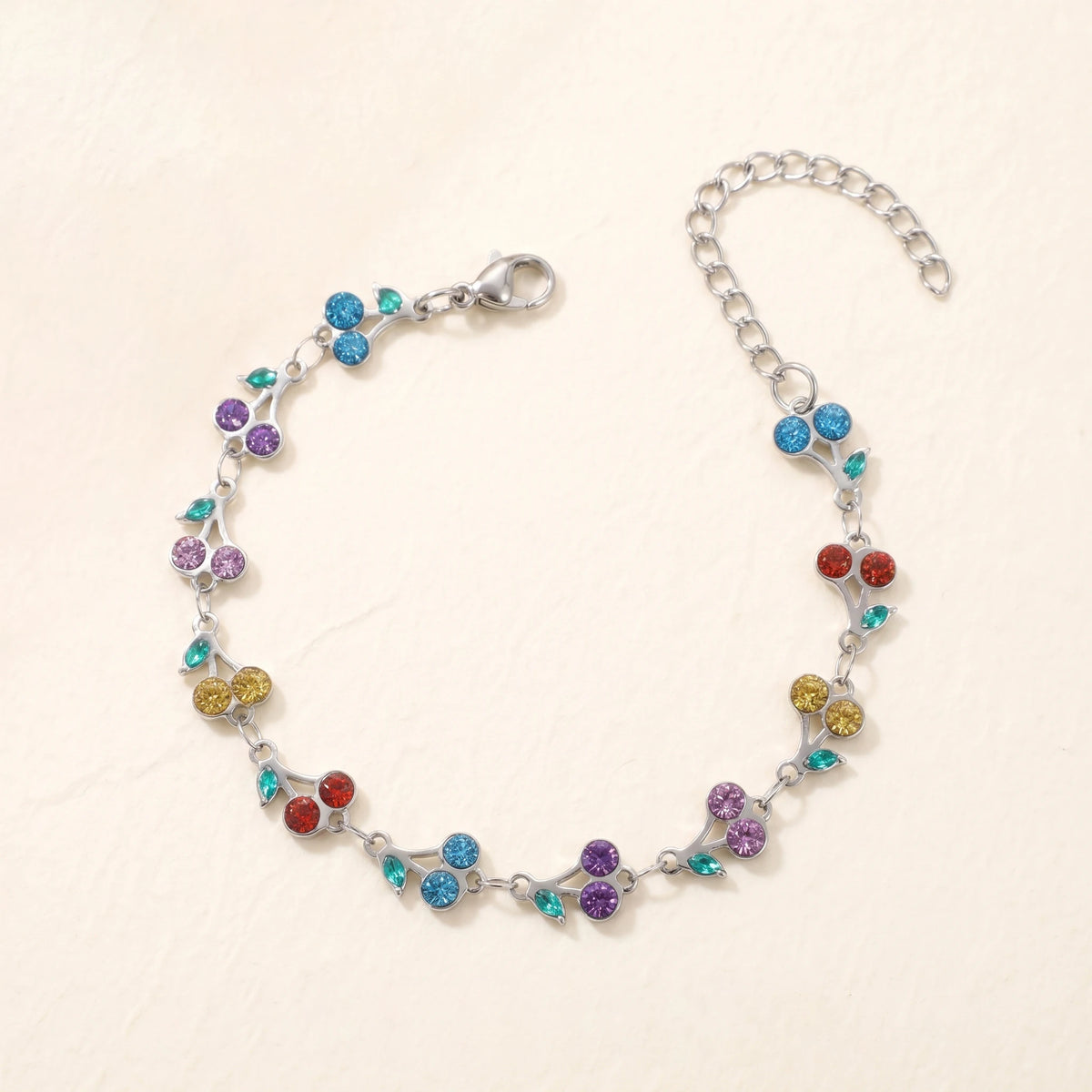 QIAOREN 12224-33 Waterproof Stainless Steel Gold Cherry Bracelet Pink Rhinestone Leaf Charm Bracelet for Women