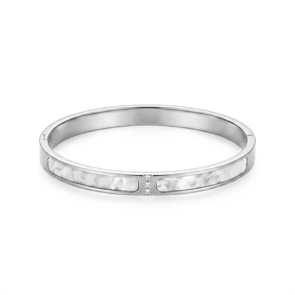 QIAOREN 13663 Flat Open Bangle Bracelet with Dual Inlaid White Mother of Pearl Panels & Three Vertical Tiny Zircon