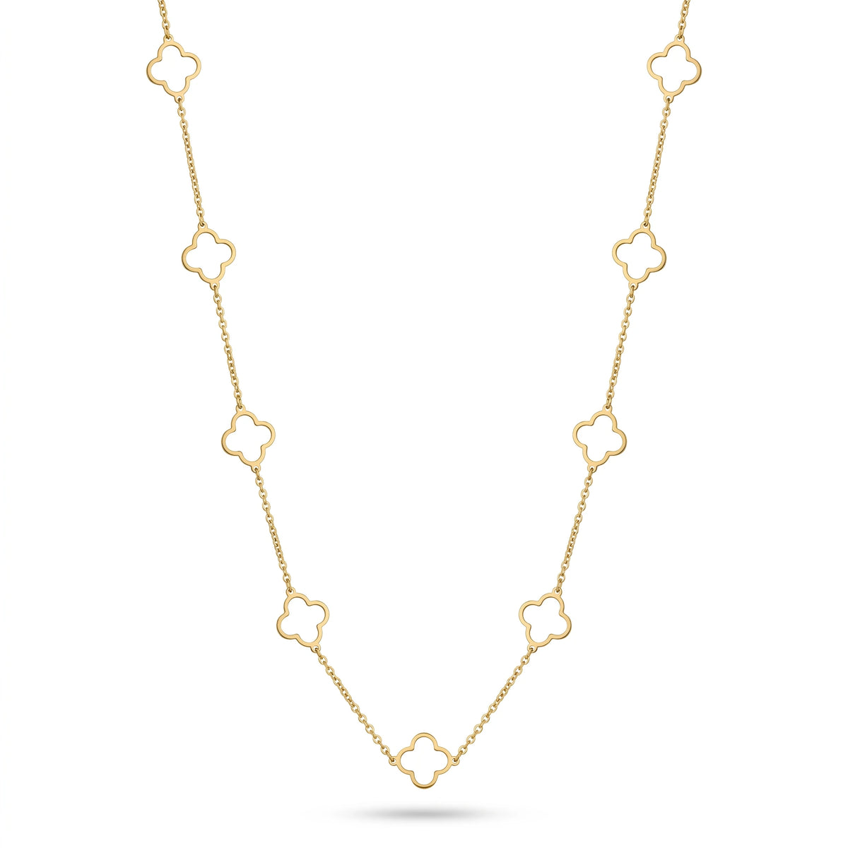 QIAOREN 11357 18K Gold Plated Open Clover Station Necklace Stainless Steel Tarnish Free Waterproof Jewelry