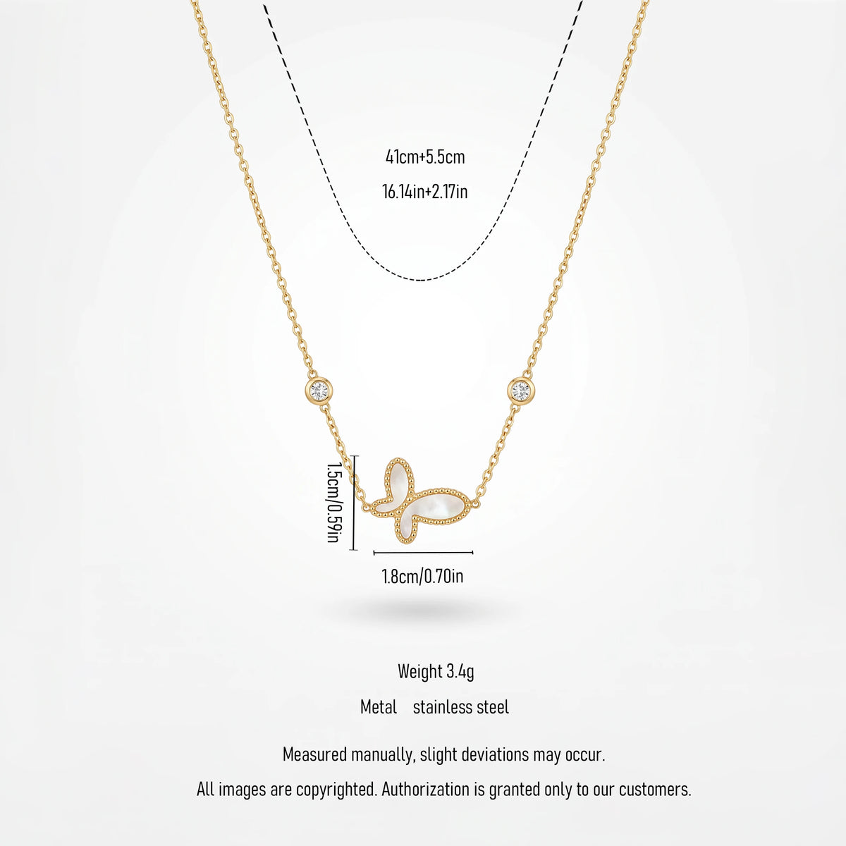 QIAOREN 13710 Thin Cable Chain Necklace with Hollow Beaded Border Butterfly Inlaid White Mother of Pearl & Dual Zircon