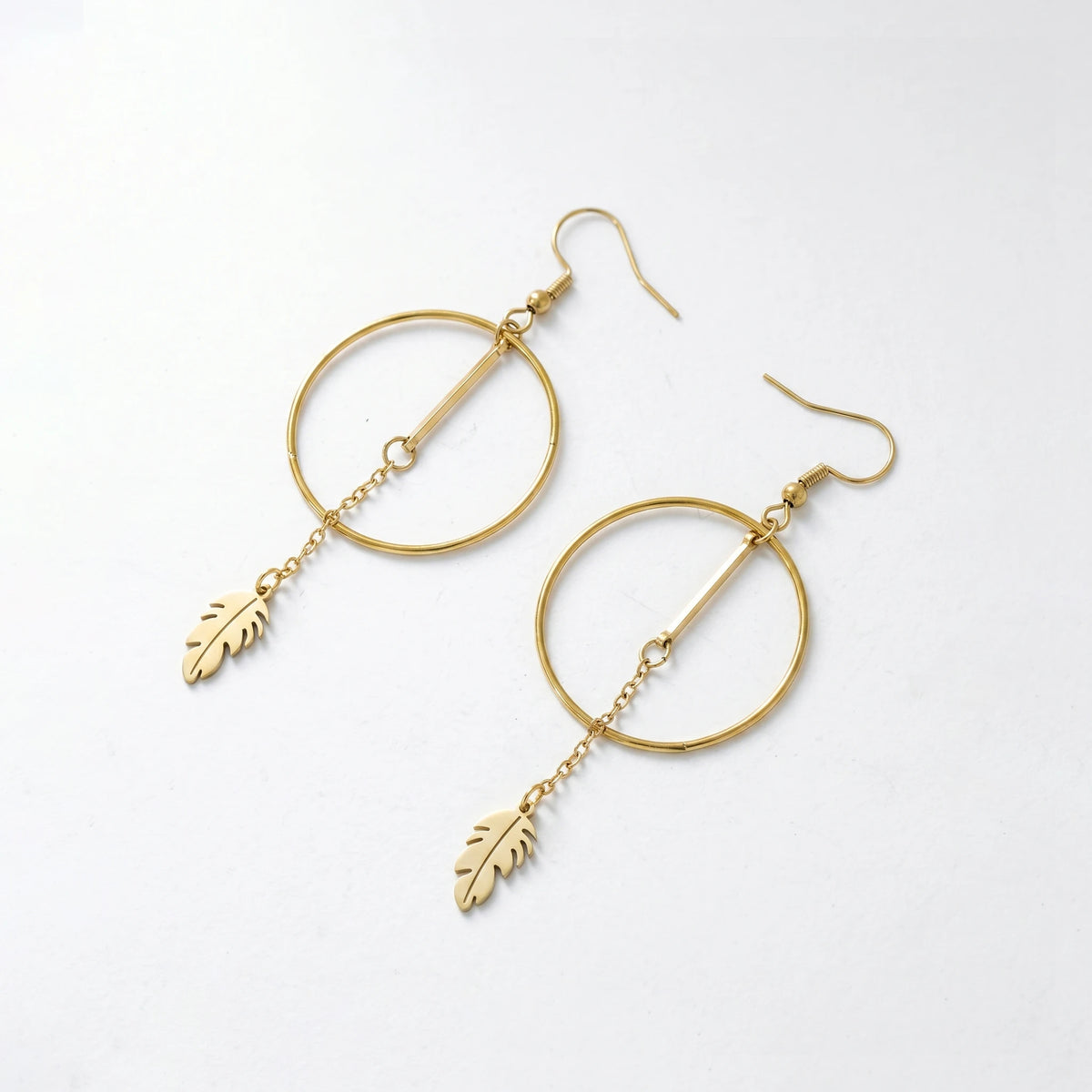 QIAOREN 11853 Elegant Minimalist Circle Bar  Drop Earrings Gold Stainless Steel Long Tassel Leaf Jewelry Gift for Women EU US