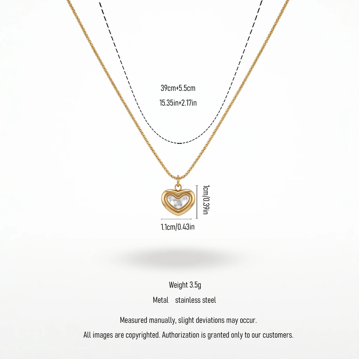 QIAOREN 13512 Dainty Double Layered Heart Pendant Necklace with White Shell Inlay, Smooth Gold Frame Thin Cable Chain Necklace