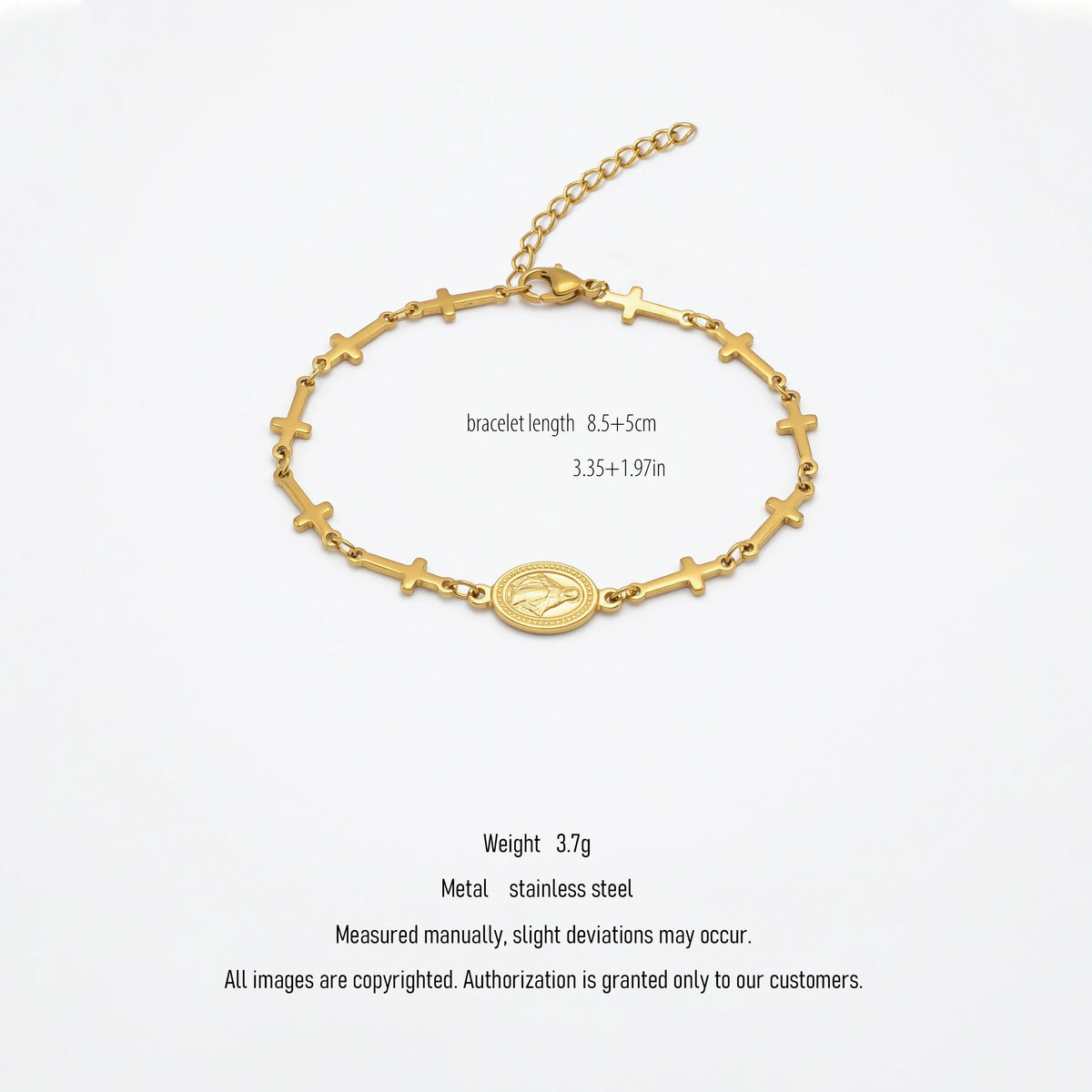 QIAOREN 10574 Miraculous Medal Cross Bracelet 18K Gold Plated Stainless Steel Waterproof Tarnish Free Religious Jewelry
