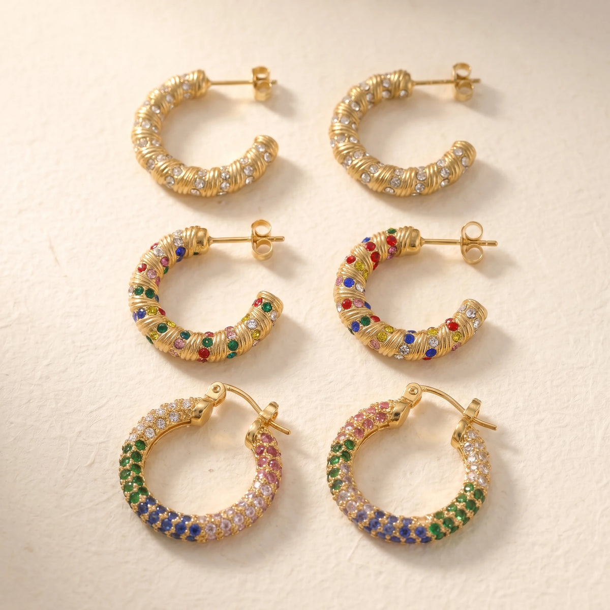 QIAOREN  12221-23 Waterproof Gold Stainless Steel Textured Hoop Earrings Multicolor CZ C Shape Huggies Wholesale