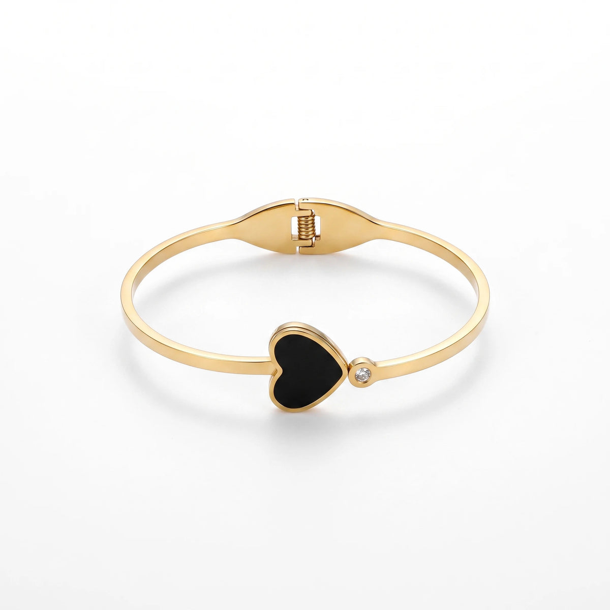 QIAOREN 13655 Opening Thin Bangle with Solid Black Enamel Heart & Tiny Side Zircon Charm Bangle