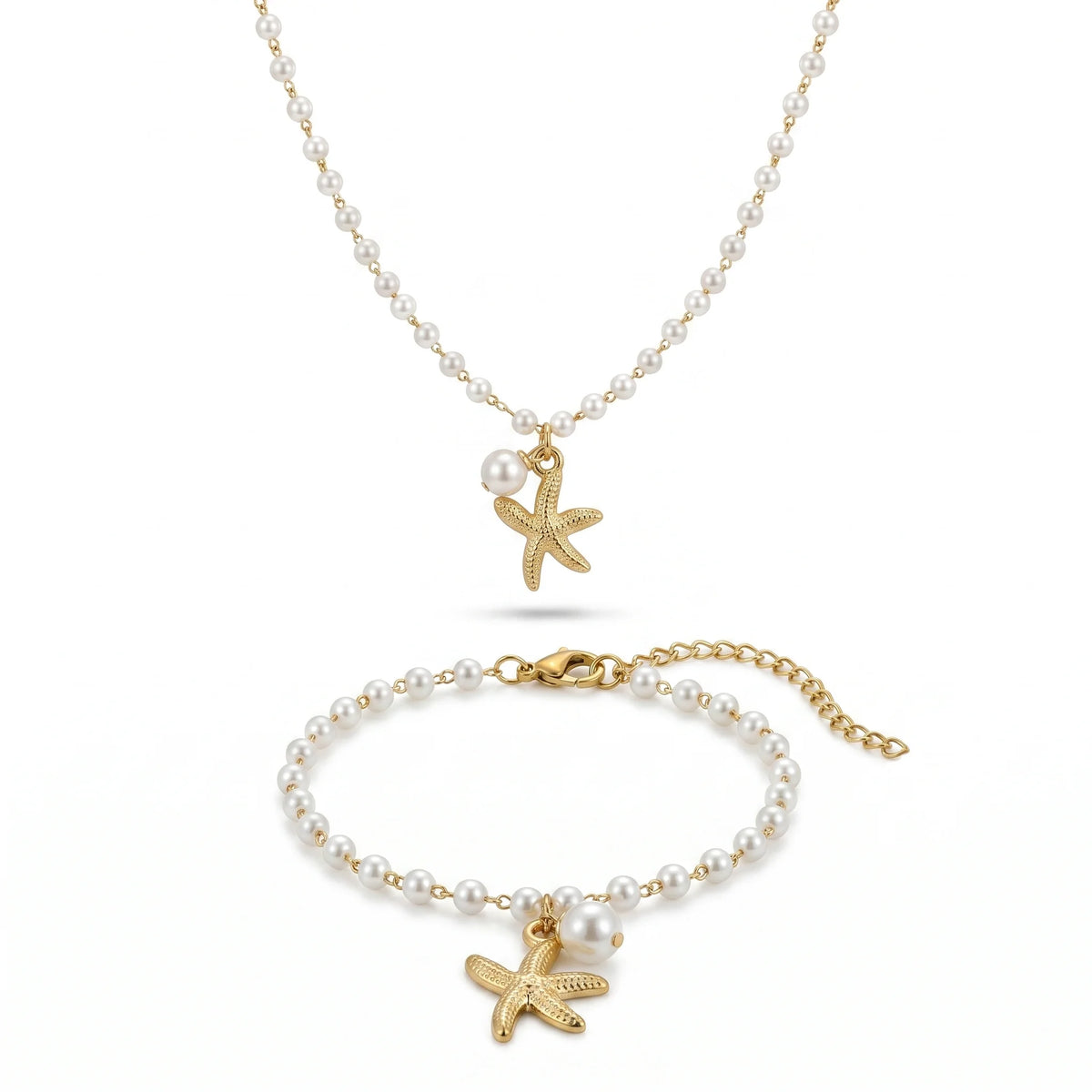 QIAOREN 11492 Waterproof Tarnish Resistant 18K Gold Plated Stainless Steel Pearl Starfish Jewelry Set