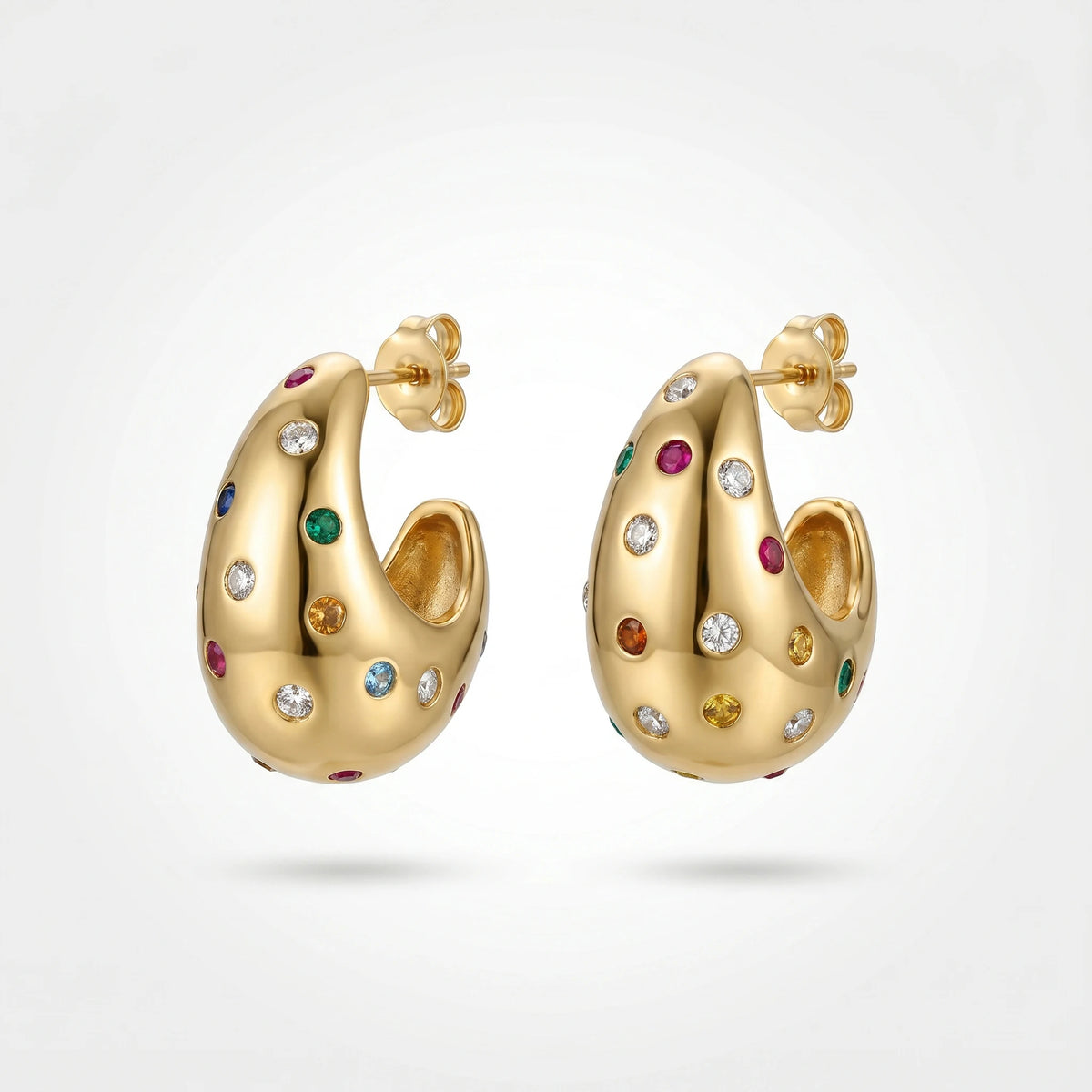 QIAOREN 12285 Trendy Rainbow CZ Teardrop Earrings Gold Stainless Steel Scattered Colorful Gemstone Dome Hoops Women US EU