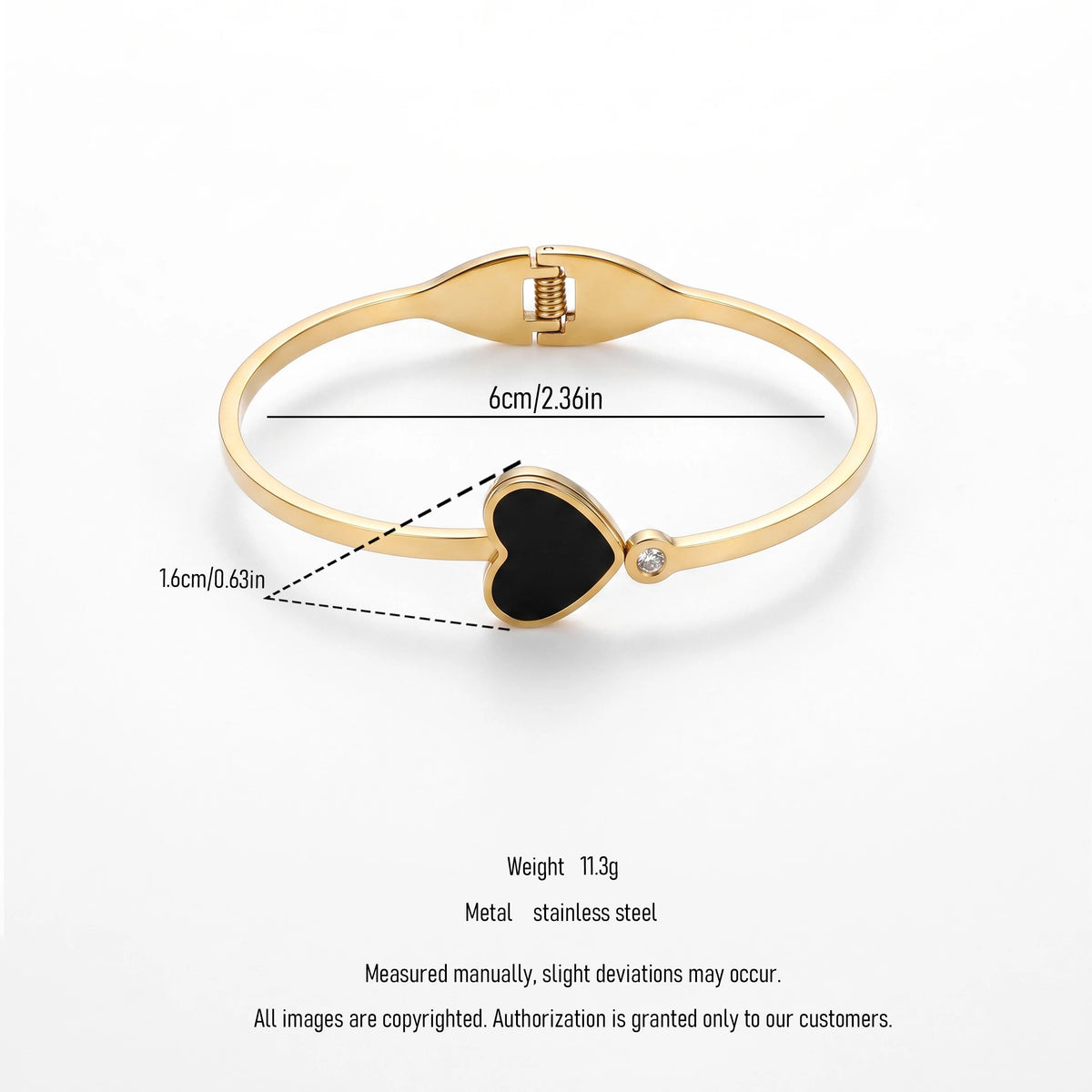 QIAOREN 13655 Opening Thin Bangle with Solid Black Enamel Heart & Tiny Side Zircon Charm Bangle