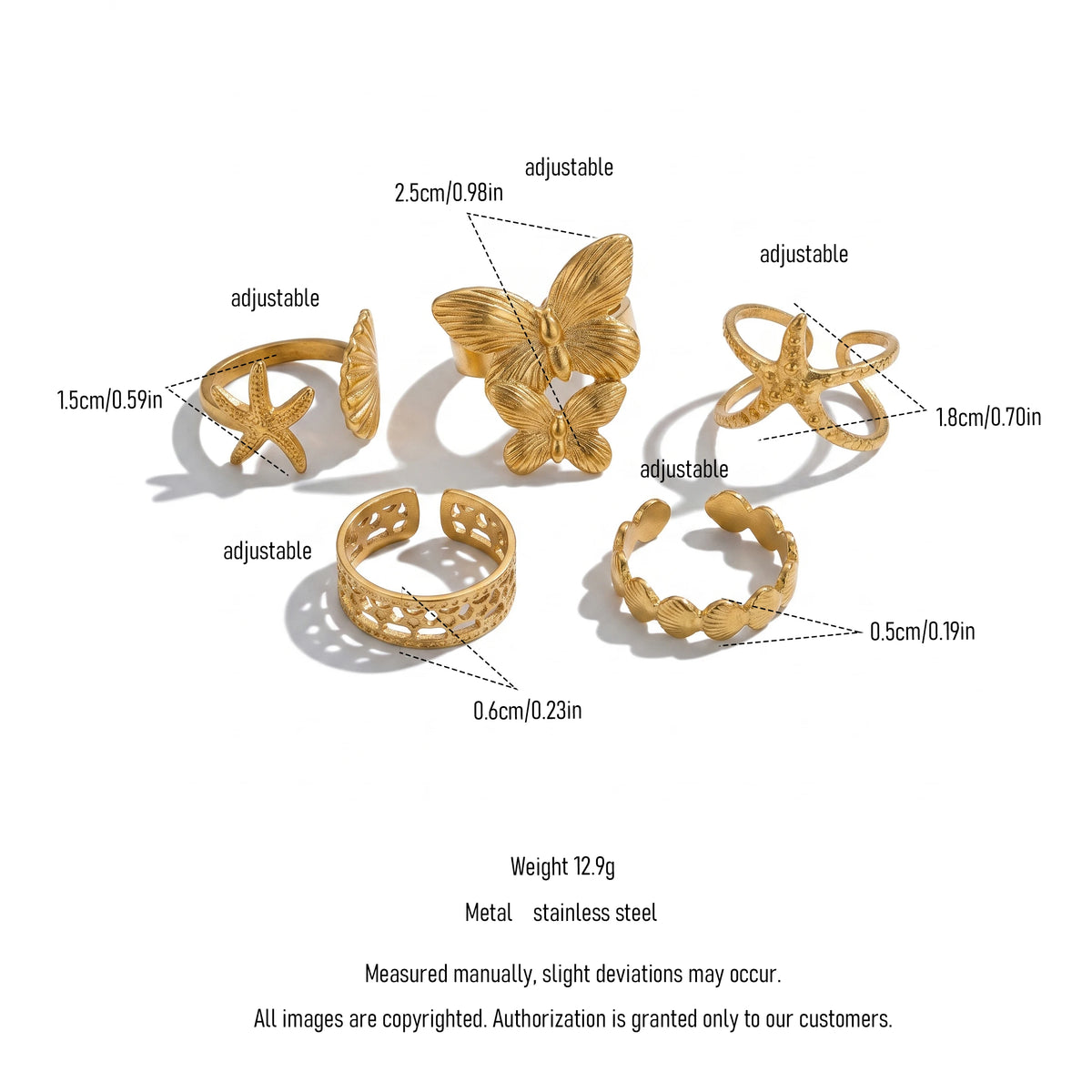 QIAOREN 13116-20 5Pcs 18K Gold Plated Stainless Steel Open Ring Set, Adjustable Stackable Durable Finger Rings