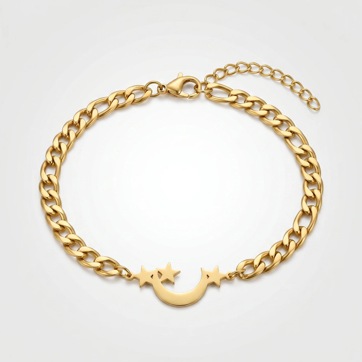 QIAOREN 11734 Tarnish Free 18K Gold Stainless Steel Moon & Star Anklet Cuban Chain Adjustable Foot Chain