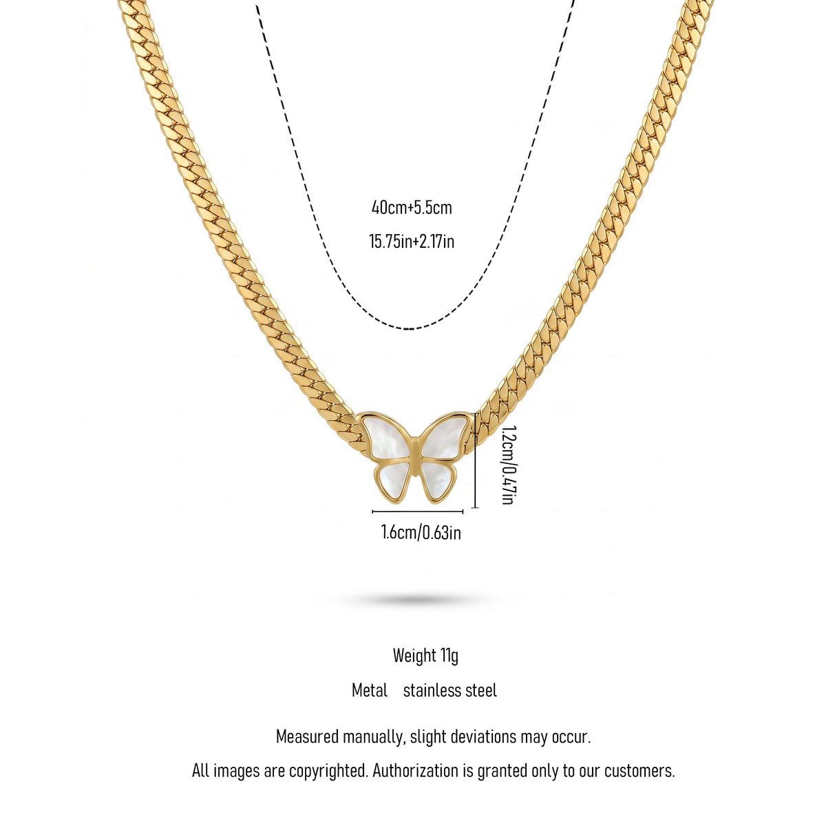 QIAOREN 13535 Flat Snake Choker Necklace with Inlaid White Shell Butterfly Pendant, Polished Wide Gold Chain