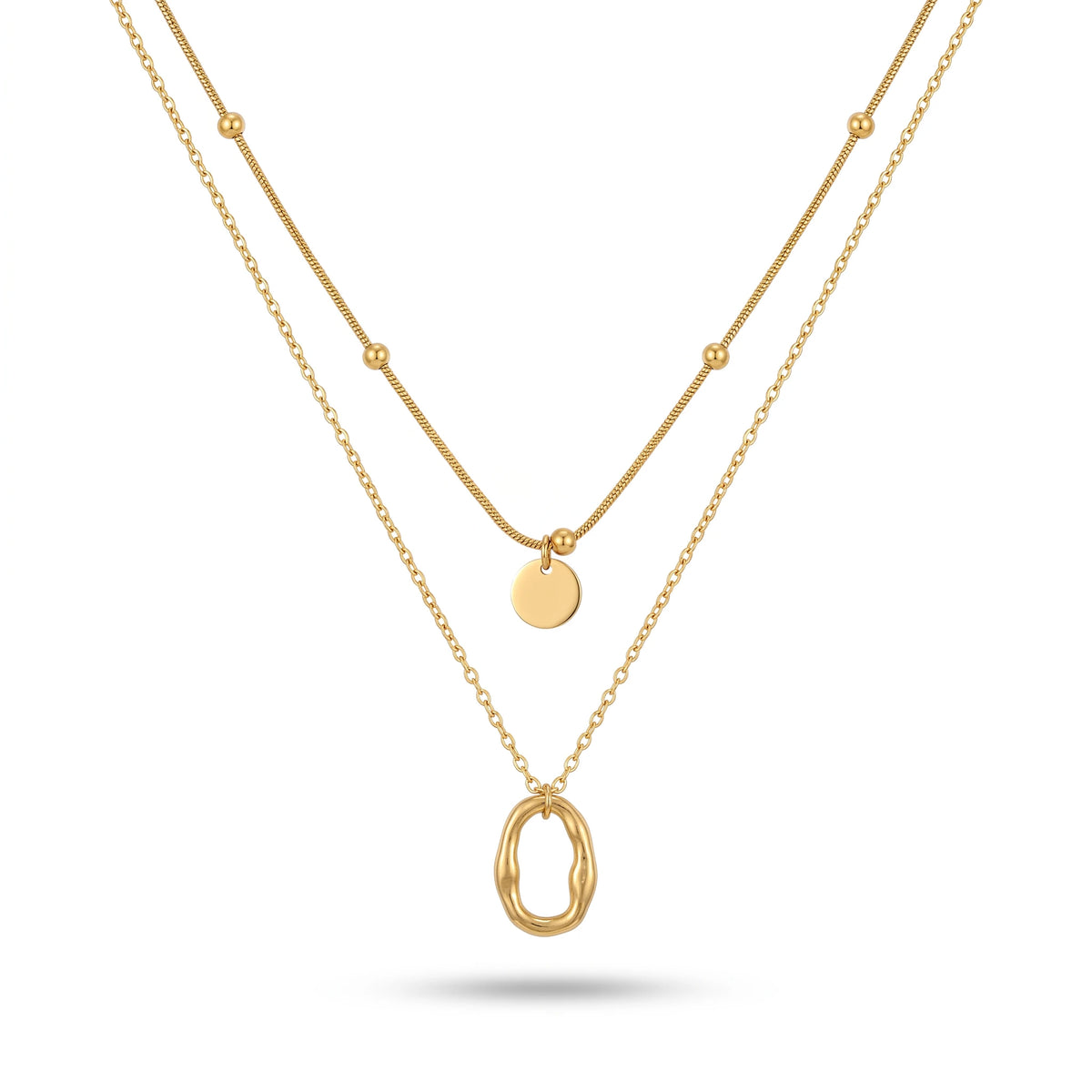 QIAOREN 13812 Double Layer Stacked Pendant Necklace with Beaded Snake Chain & Smooth Disc Charm, Outer Oval Link Chain