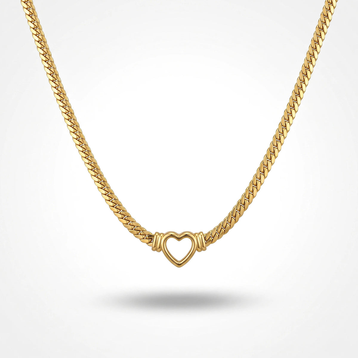 QIAOREN 13538 Chunky Flat Cuban Link Choker Necklace with Hollow Open Heart Center Charm, Polished Thick Gold Chain Necklace