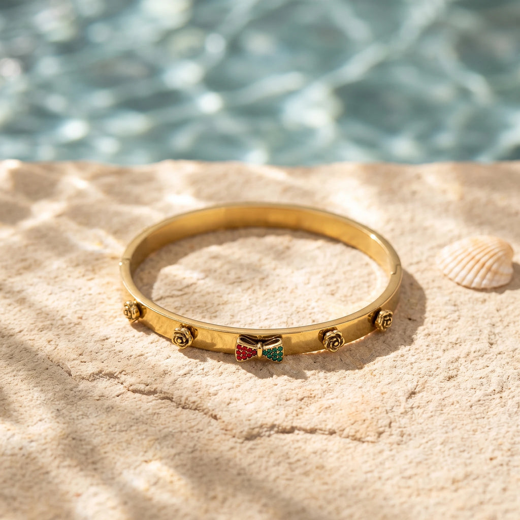 QIAOREN 13666 Spring Opening Gloss Gold Bangle Bracelet with Colorful Rhinestone Bow & Four 3D Rose Charms