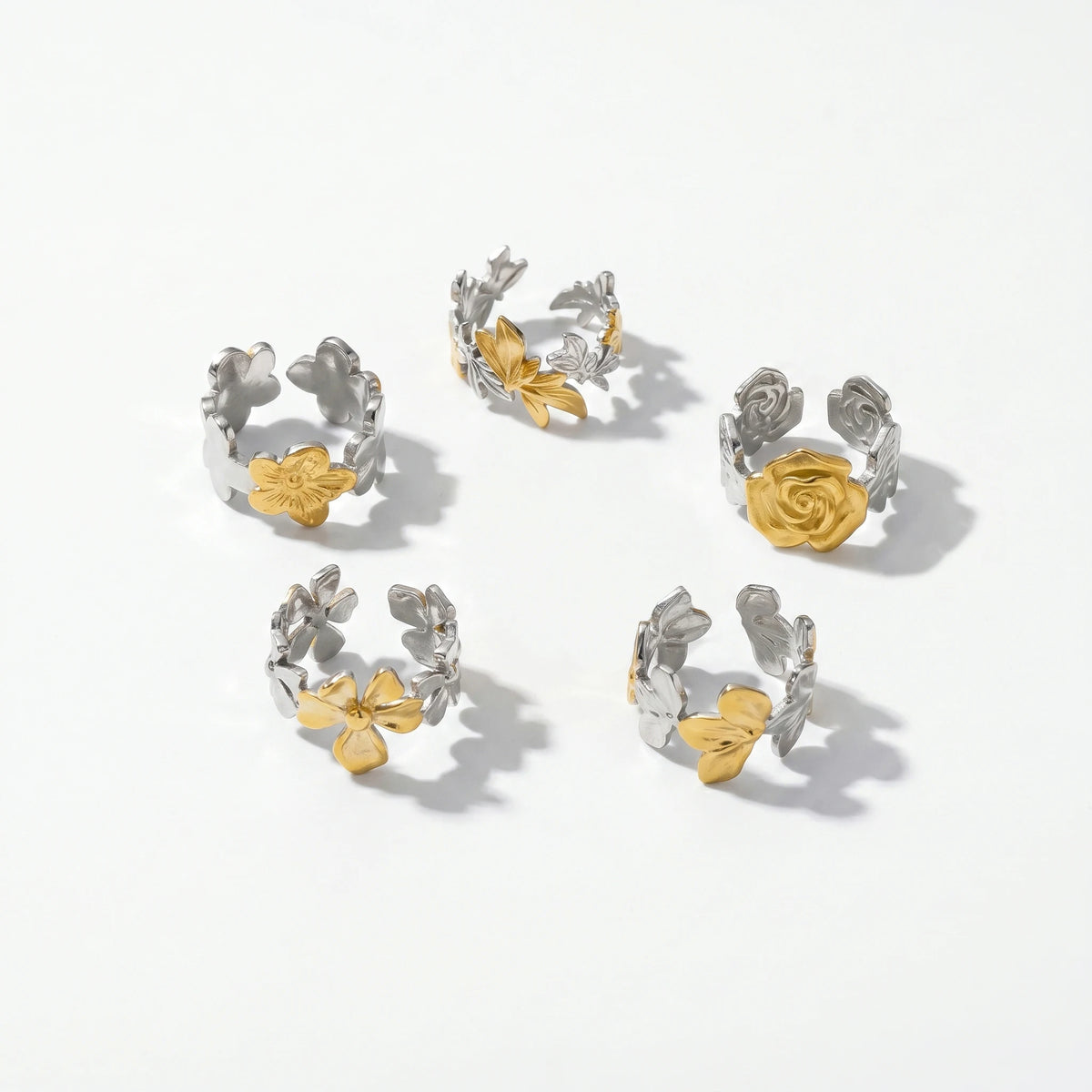 QIAOREN 12943-47 18K Gold Plated 316L Stainless Steel Two Tone Snake Star Adjustable Rings Set Tarnish Free Waterproof Jewelry