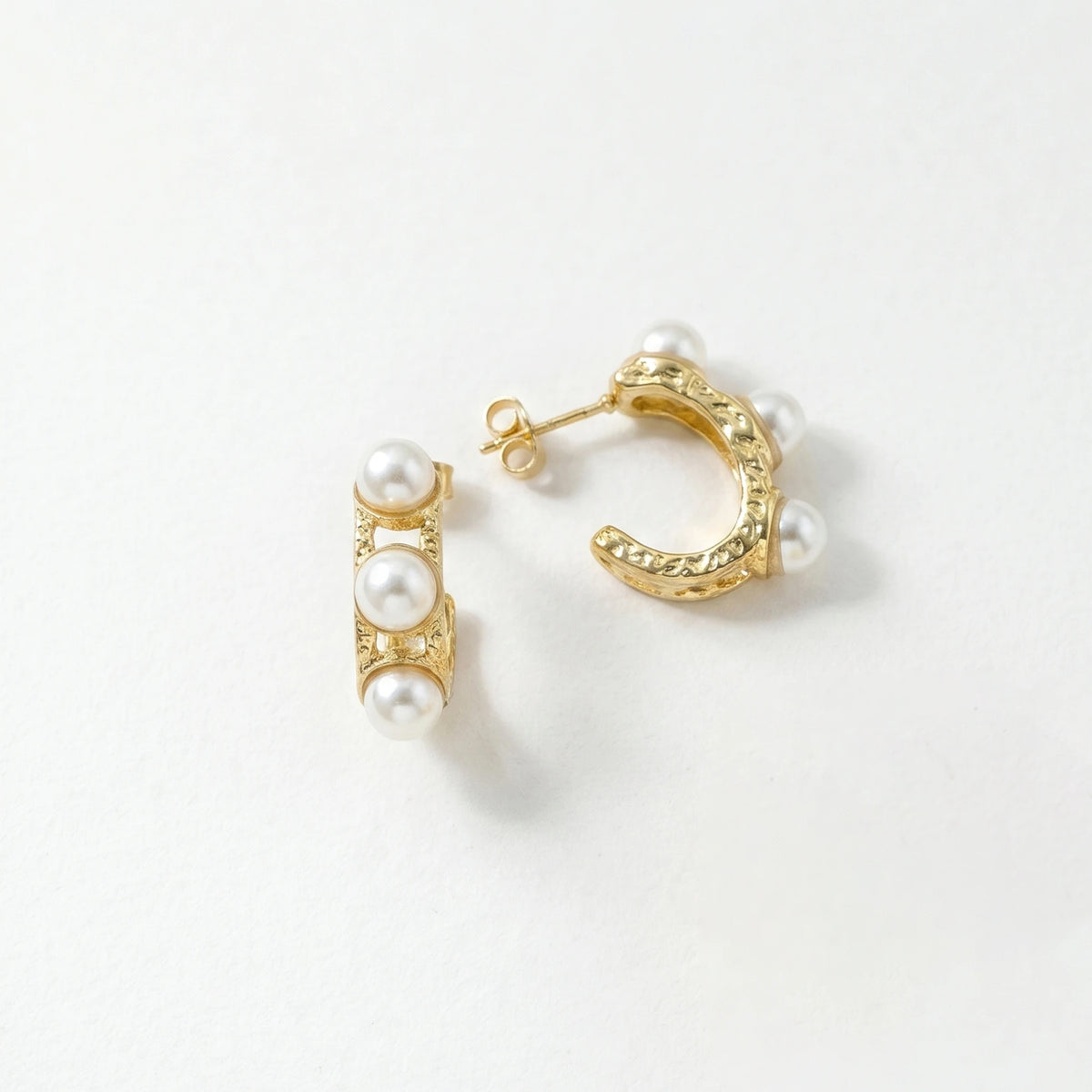 QIAOREN 12397 Trendy Hammered Pearl Hoop Earrings Gold Stainless Steel Triple Pearl Wide C Hoops Textured Studs Women US EU