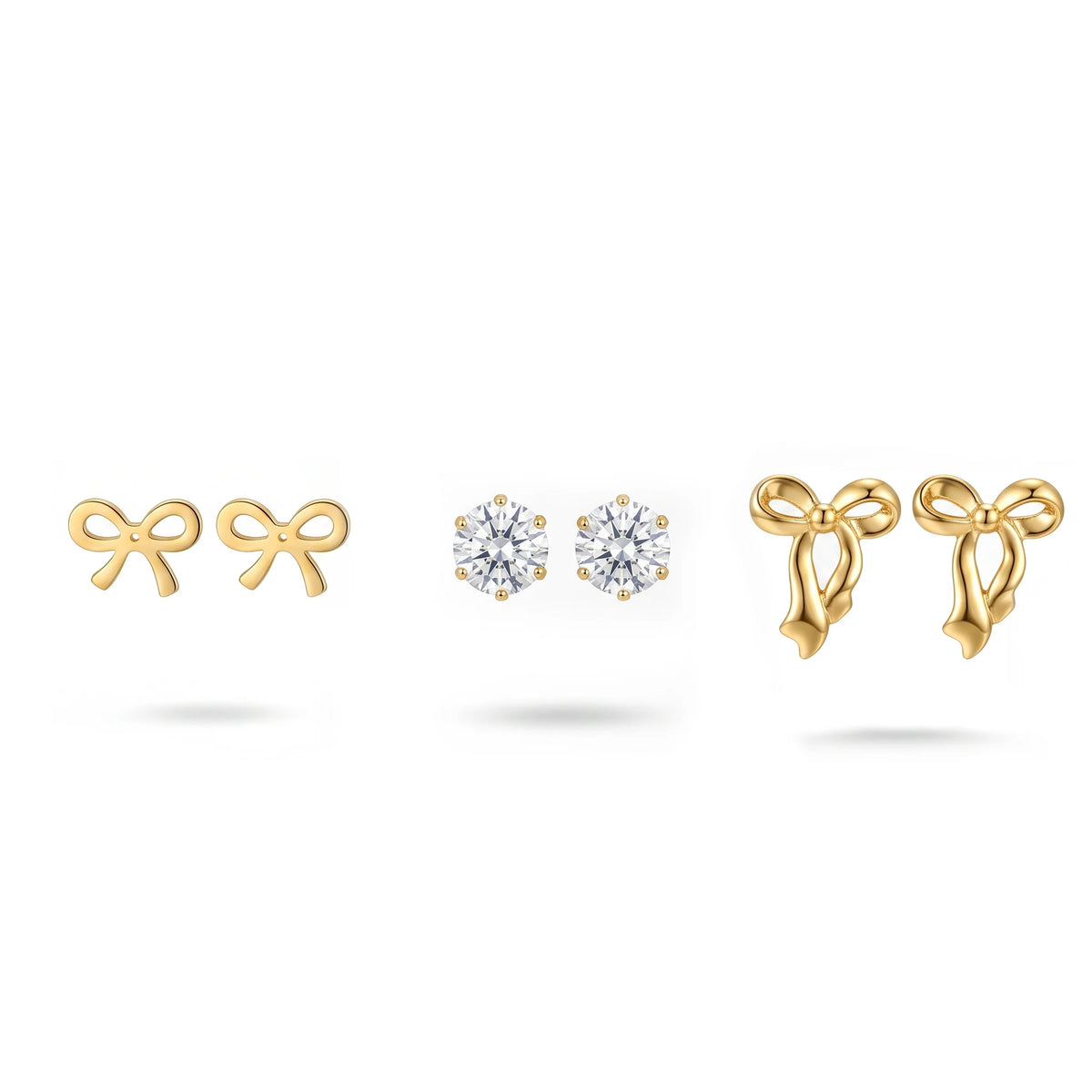 QIAOREN 13251 3 PCS Set 18K Gold Plated Stainless Steel 3 Pairs Bow & Zircon Stud Earrings Set Minimalist Hollow Solid Bow CZ