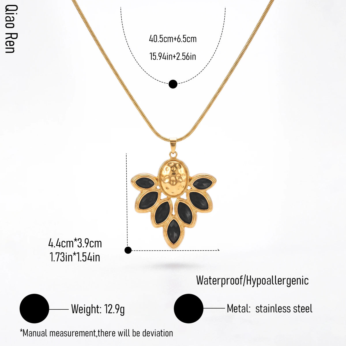 QIAOREN 14387 Vintage Ornate Red Marquise Crystal Pendant Snake Chain Necklace, Stainless Steel Statement Jewelry Gift